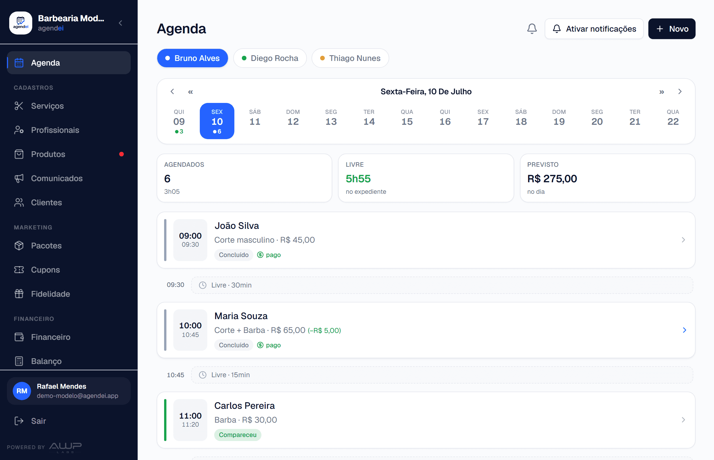 Linha do tempo da agenda do dia no painel do Agendei