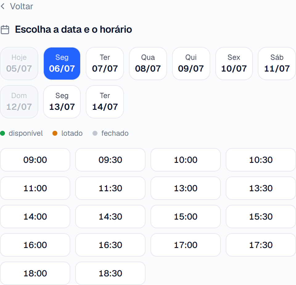 Cliente escolhendo data e horário no Agendei